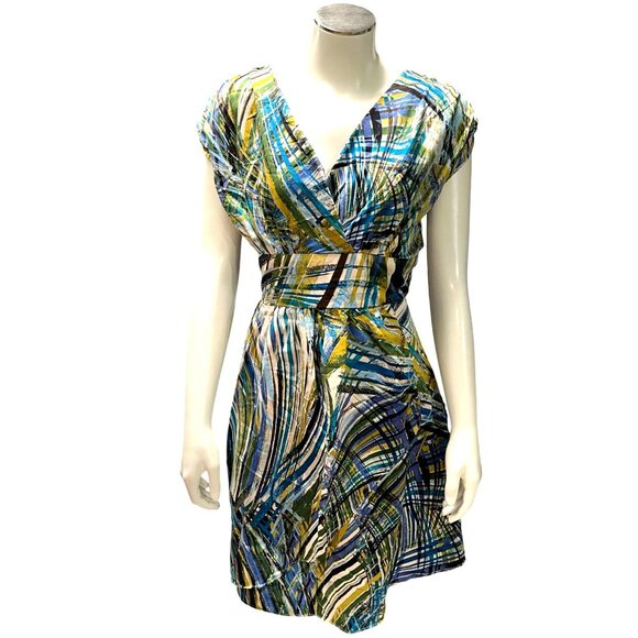 Corey P Size 8 Multicolor Abstract Print Dress V Neck Pleated Waist Modern Chic - Picture 2 of 10